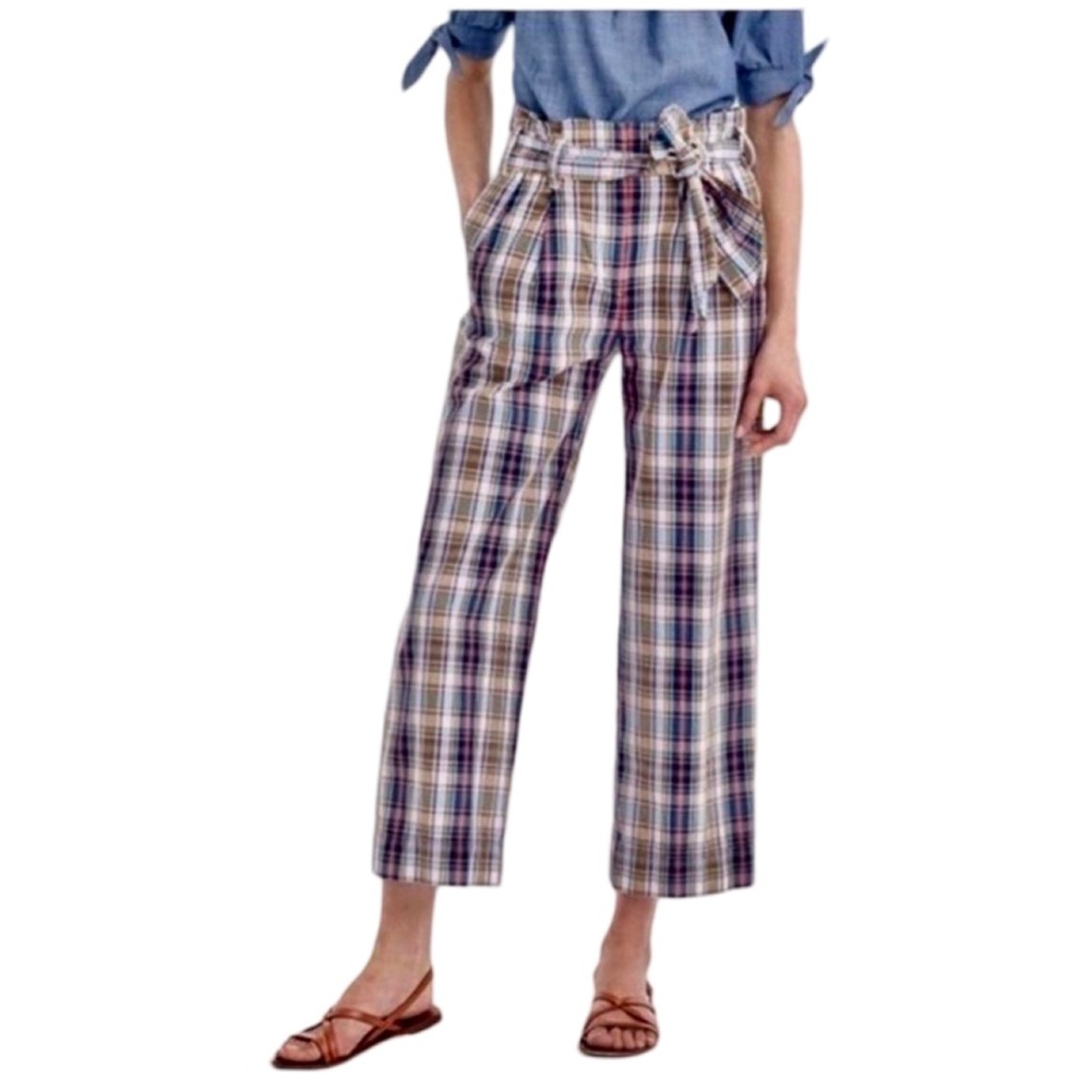 J. Crew Plaid Ankle-Cropped Paperbag Waist Pants in Blue, Cream, Brown